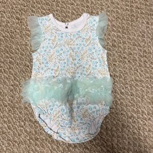 Floral Ruffle Baby Onesie - Blue and White
